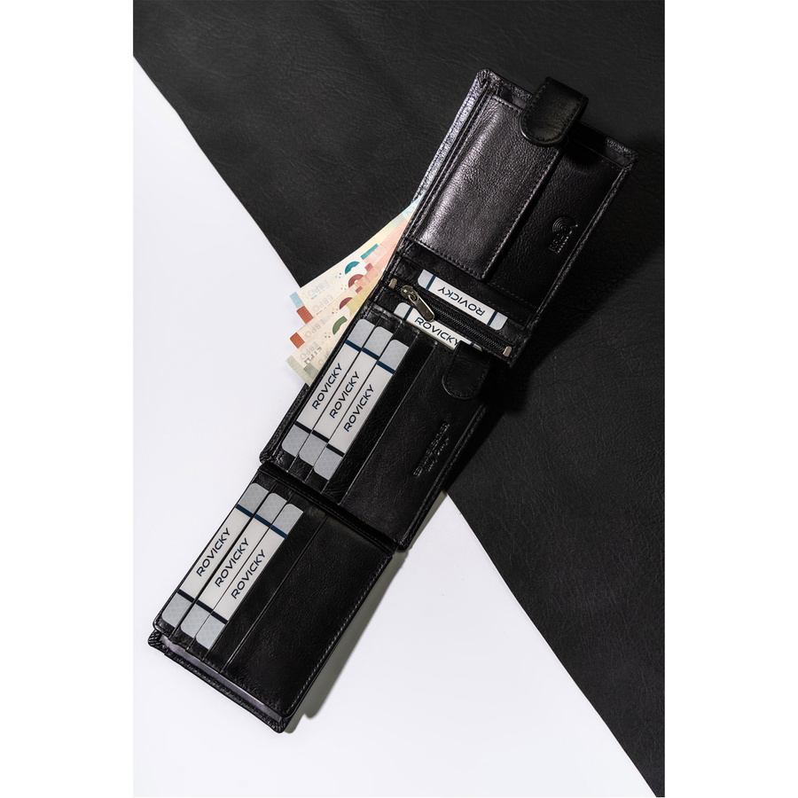 Czarny portfel skórzany męski z ochroną RFID - Rovicky
