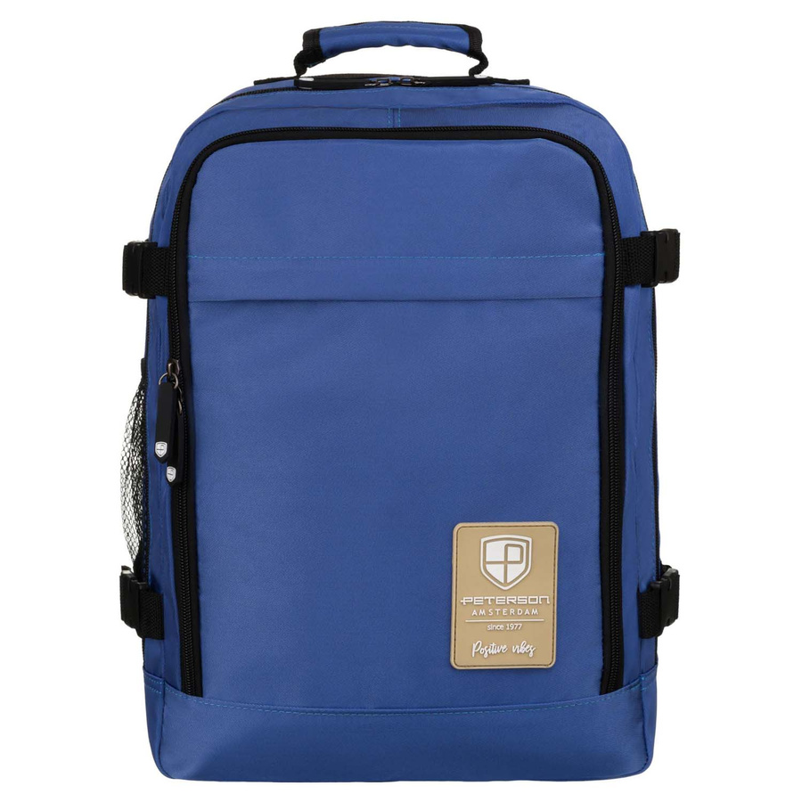 Podróżny plecak z wodoodpornego poliestru w niebieskim kolorze zawieszony na regulowanych szelkach - Peterson