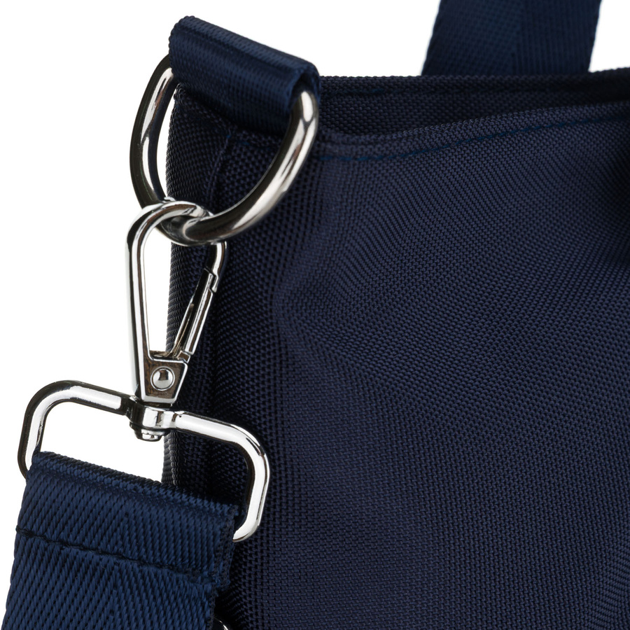 Granatowa, jednokomorowa shopperka damska z poliestru wyposażona w dopinany, regulowany pasek - Peterson