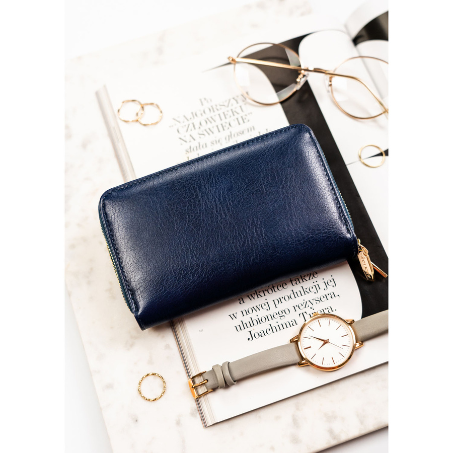 Granatowy portfel-piórnik damski ze skóry ekologicznej zamykany suwakiem - Rovicky
