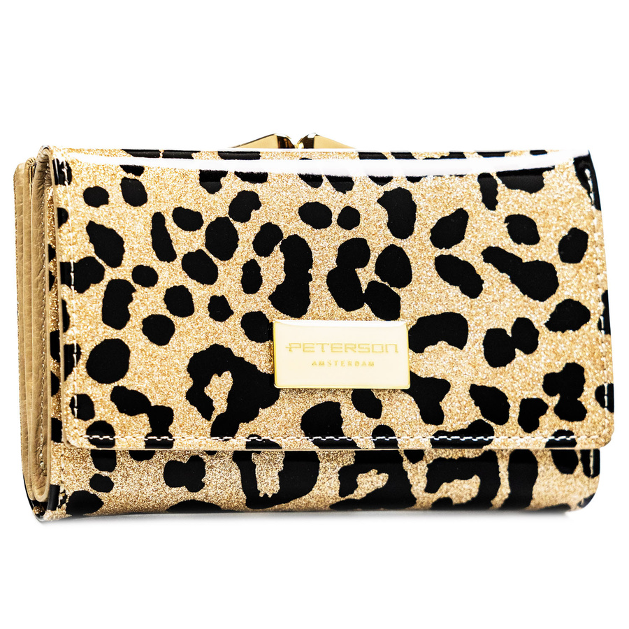 Złoty portfel damski ze skóry ekologicznej i naturalnej w cętki, zamykany biglem i zatrzaskiem - Peterson