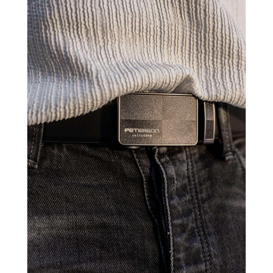 Czarny pasek męski ze skóry naturalnej z automatyczną, czarną klamrą - Peterson