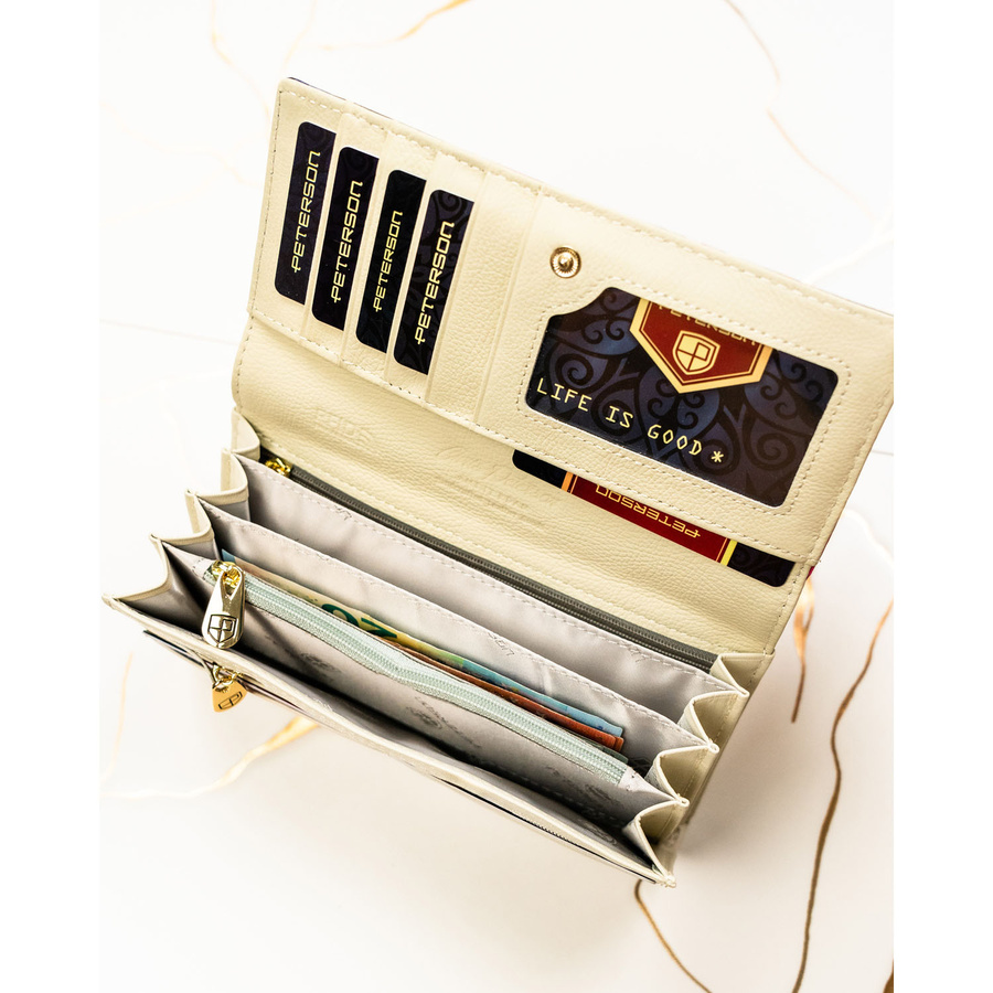 Portfel damski w kwiaty wykonany ze skóry naturalnej i ekologicznej, zamykany zatrzaskiem - Peterson