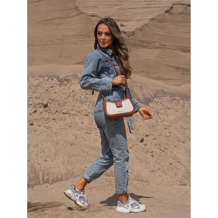 Beżowo-brązowa listonoszka damska ze skóry naturalnej i płótna poliamidowego - Peterson