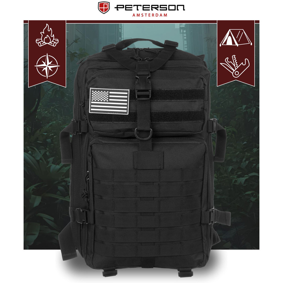 Duży, taktyczny plecak militarny z nylonu w czarnym kolorze - Peterson