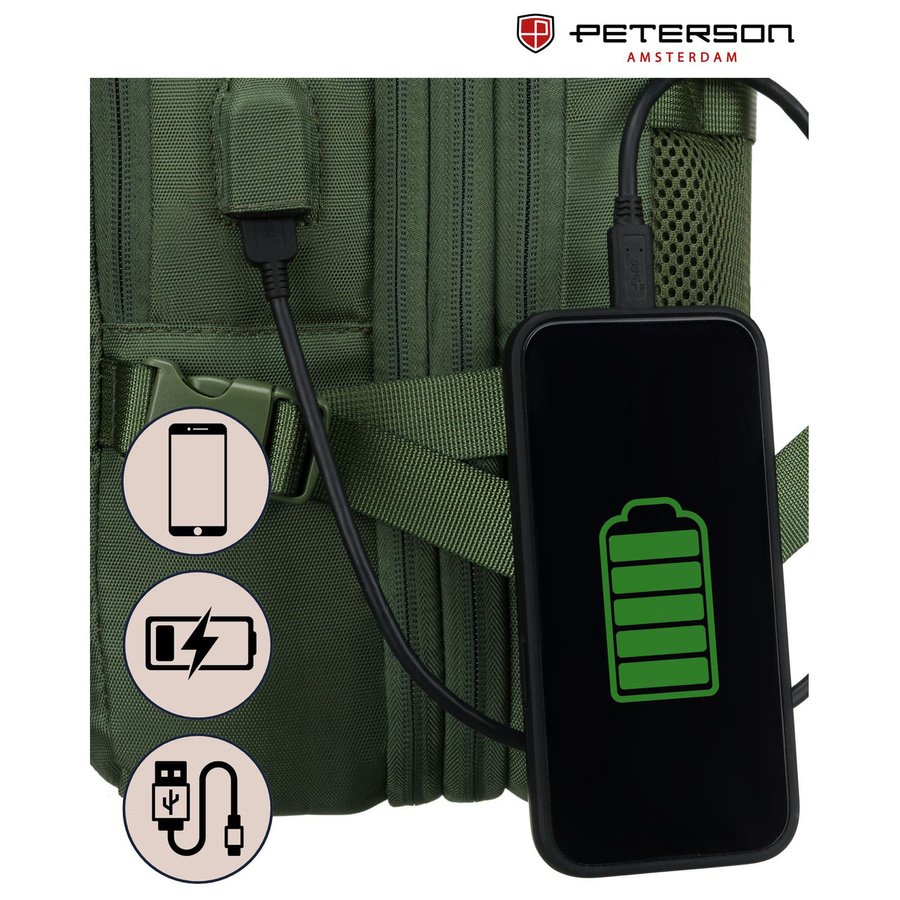 Zielony plecak podróżny z miejscem na laptopa i portem USB - Peterson