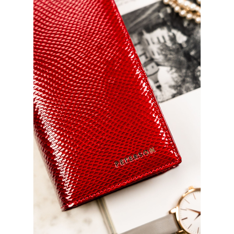 Skórzany, czerwony portfel damski na magnes i zamek z systemem RFID - Peterson