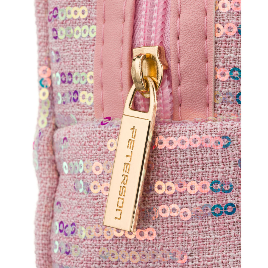 Różowa kosmetyczka z poliestru ozdobiona cekinami, jednokomorowa - Peterson