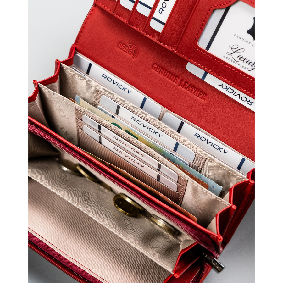 Duży, czerwony portfel damski ze skóry naturalnej i ekologicznej - Rovicky