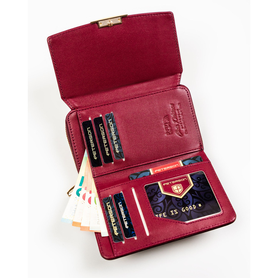Portfel damski ze skóry ekologicznej w fioletowym kolorze wyposażony w system RFID - Peterson