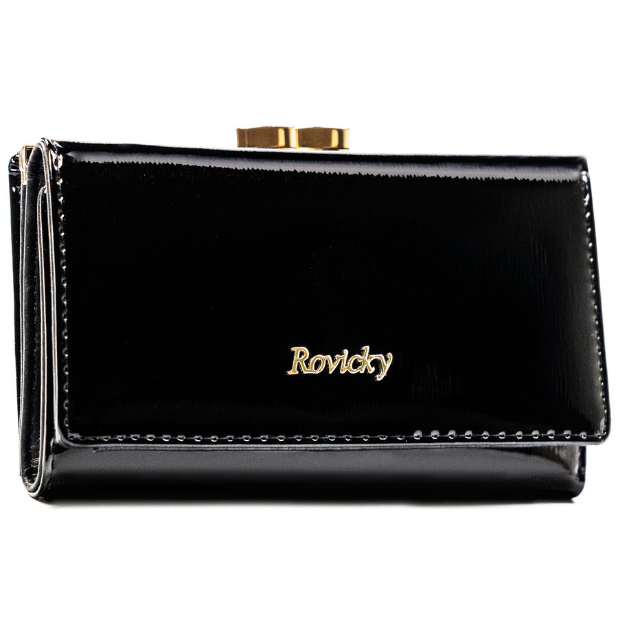 Czarny portfel damski z lakierowanej skóry naturalnej zamykany na zatrzask i bigiel - Rovicky