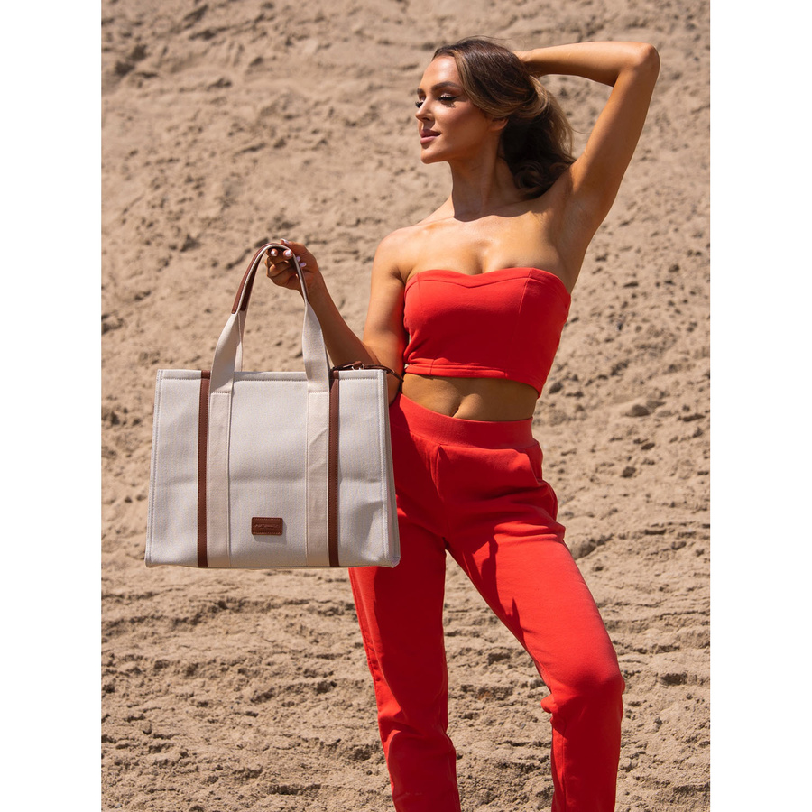 Modna shopperka damska w brązowo-beżowym kolorze z regulowanym paskiem w zestawie - Peterson