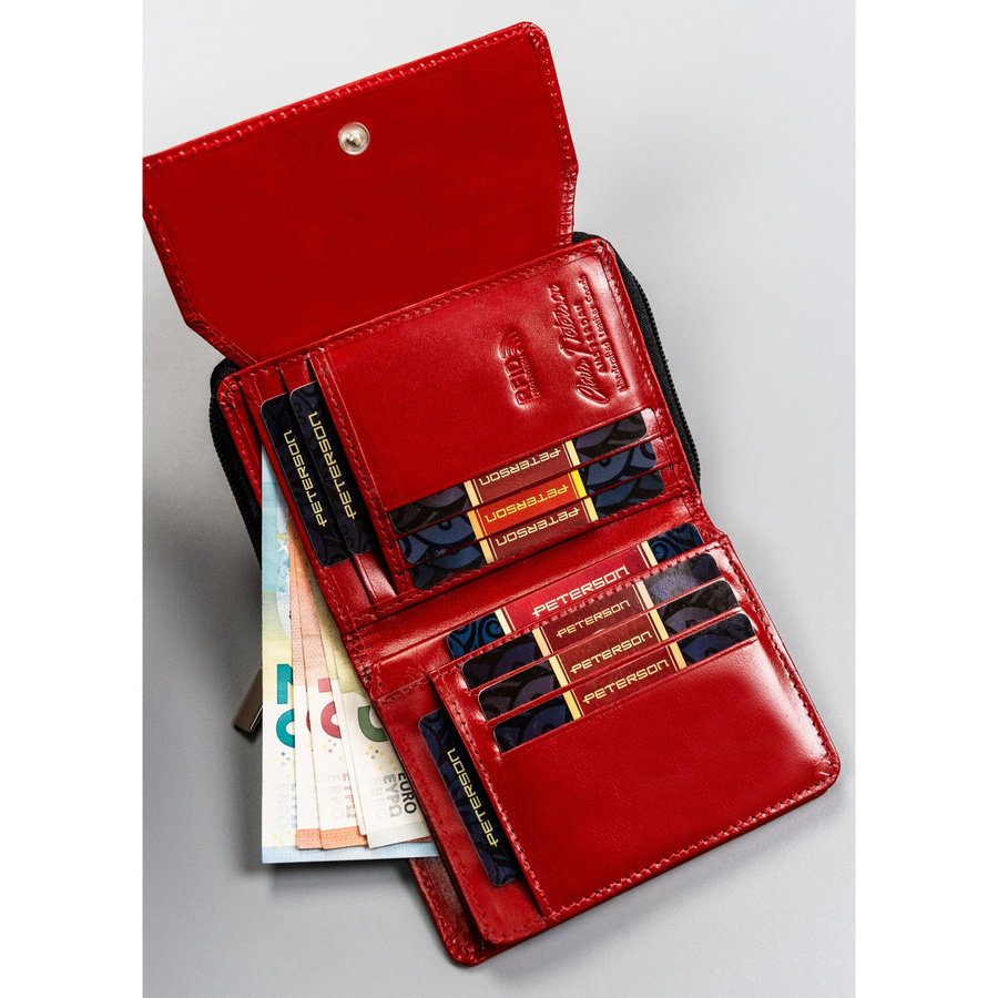 Czerwony portfel damski skórzany z dużą sekcją na bilon - Peterson