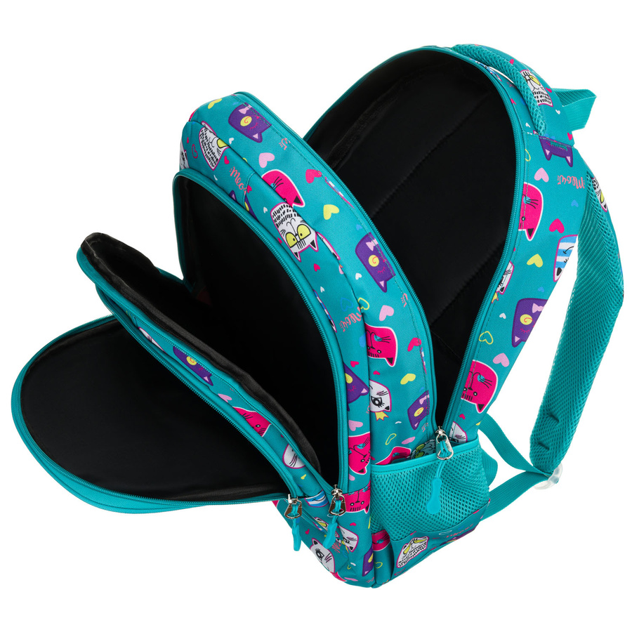 Młodzieżowy plecak szkolny odszyty z poliestru pokryty uroczym wzorem w kotki - Peterson