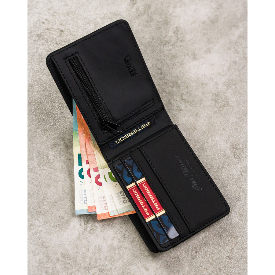 Czarny portfel męski z modnym, geometrycznym wzorem, bez zapięcia zewnętrznego - Peterson