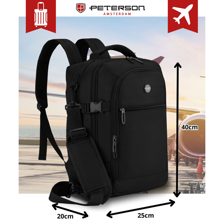 Podróżny plecak z poliestru w czarnym kolorze, dwukomorowy i idealny na bagaż podręczny - Peterson