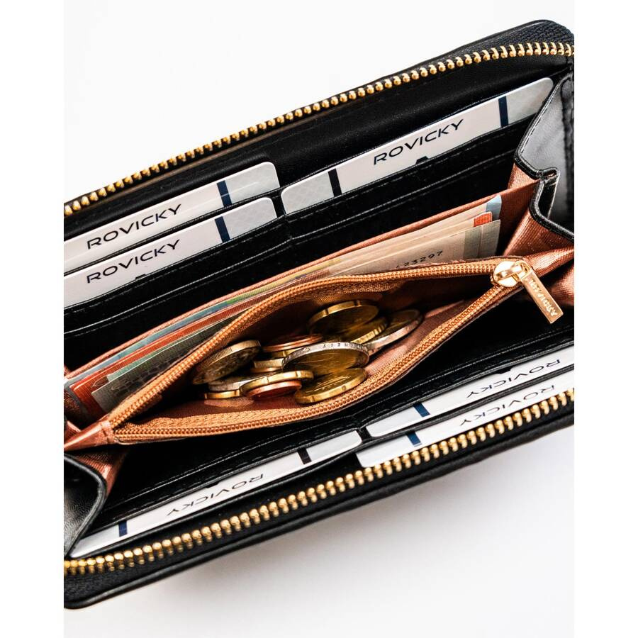 Duży portfel damski ze skóry ekologicznej w czarnym kolorze na zamek - Rovicky