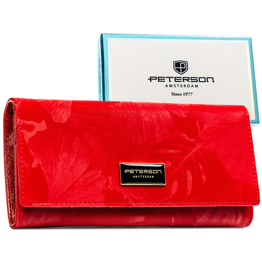 Duży, czerwony portfel damski ze skóry naturalnej i ekologicznej zamykany zatrzaskiem - Peterson