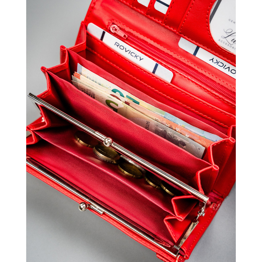 Czerwony, poziomy portfel damski ze skóry ekologicznej zamykany zatrzaskiem - 4U Cavaldi