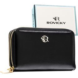 Duży, czarny portfel damski ze skóry ekologicznej zamykany suwakiem - Rovicky
