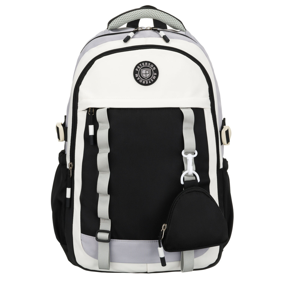 Białoczarny plecak szkolny z poliestru z poręczną dodatkową saszetką - Peterson