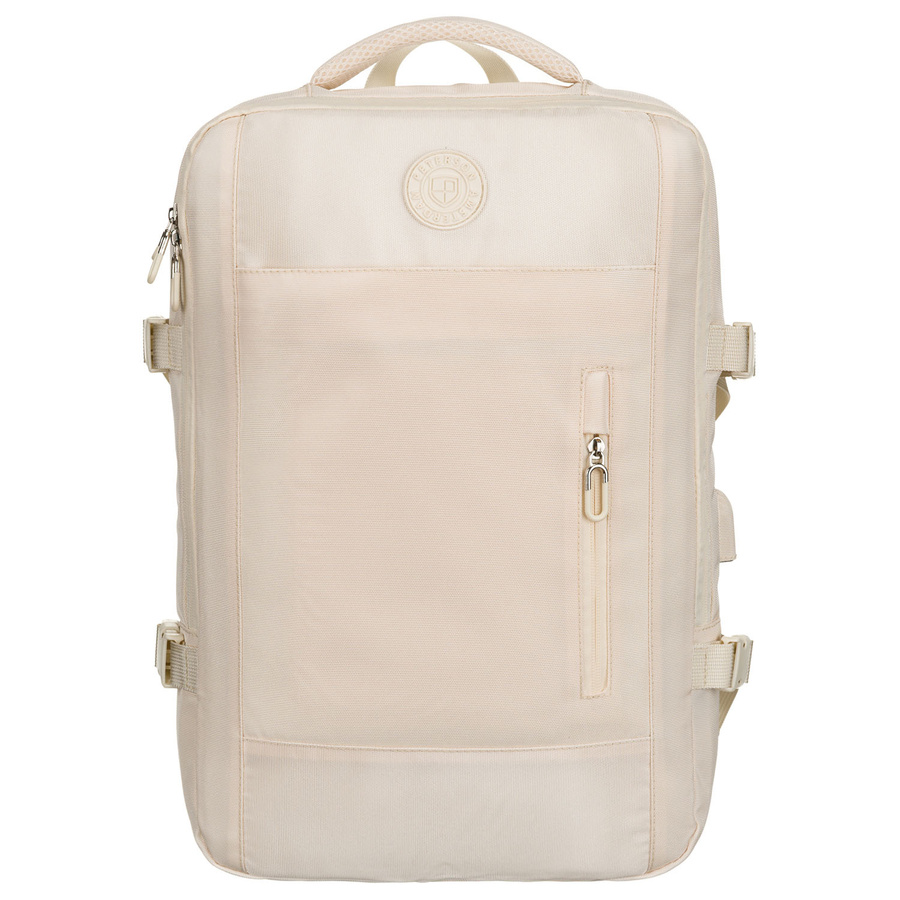 Praktyczny plecak podróżny w kolorze ecru, wyposażony w siatkowaną przegrodę i paski kompresyjne - Peterson