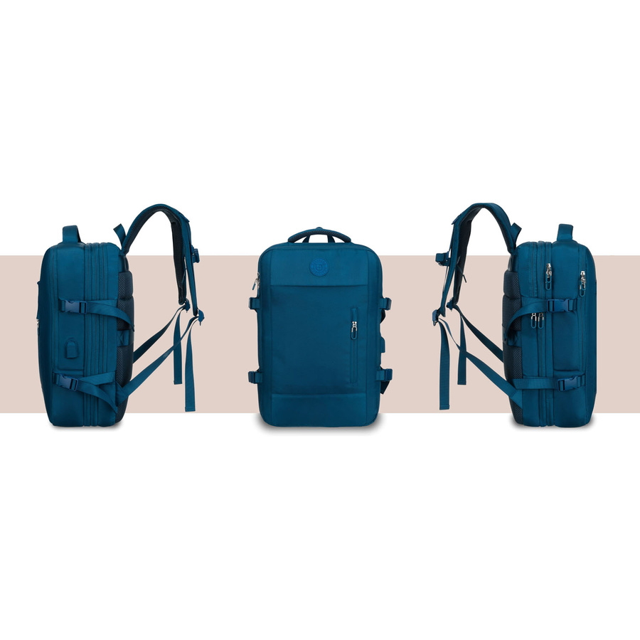 Plecak podróżny w niebieskim kolorze, idealny na bagaż podręczny i wyposażony paski kompresyjne - Peterson