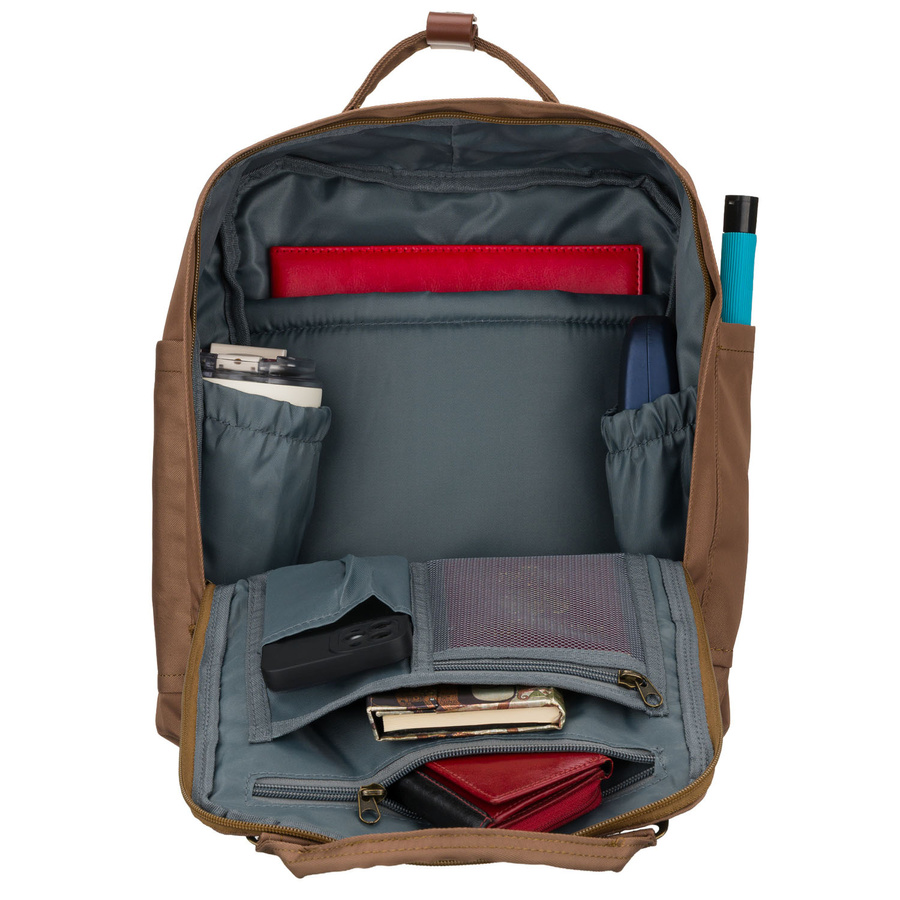 Plecak damski z poliestru i skóry ekologicznej w brązowym kolorze, jednokomorowy - Peterson