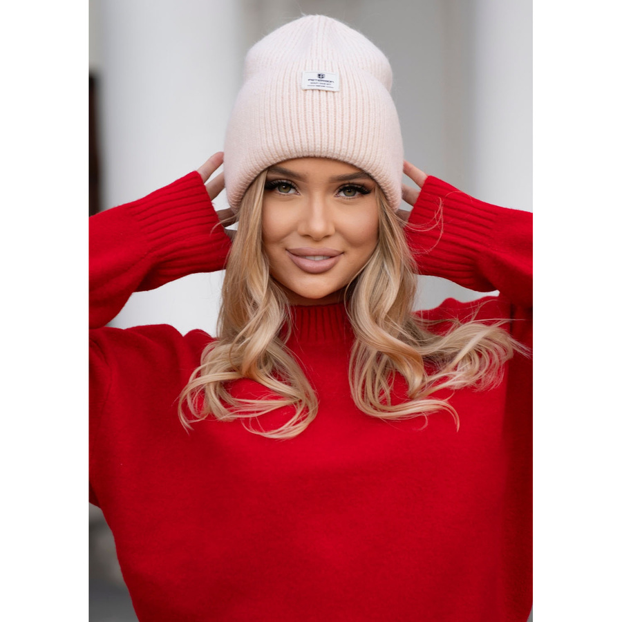 Beżowa zimowa czapka damska beanie w uniwersalnym rozmiarze z logo marki - Peterson