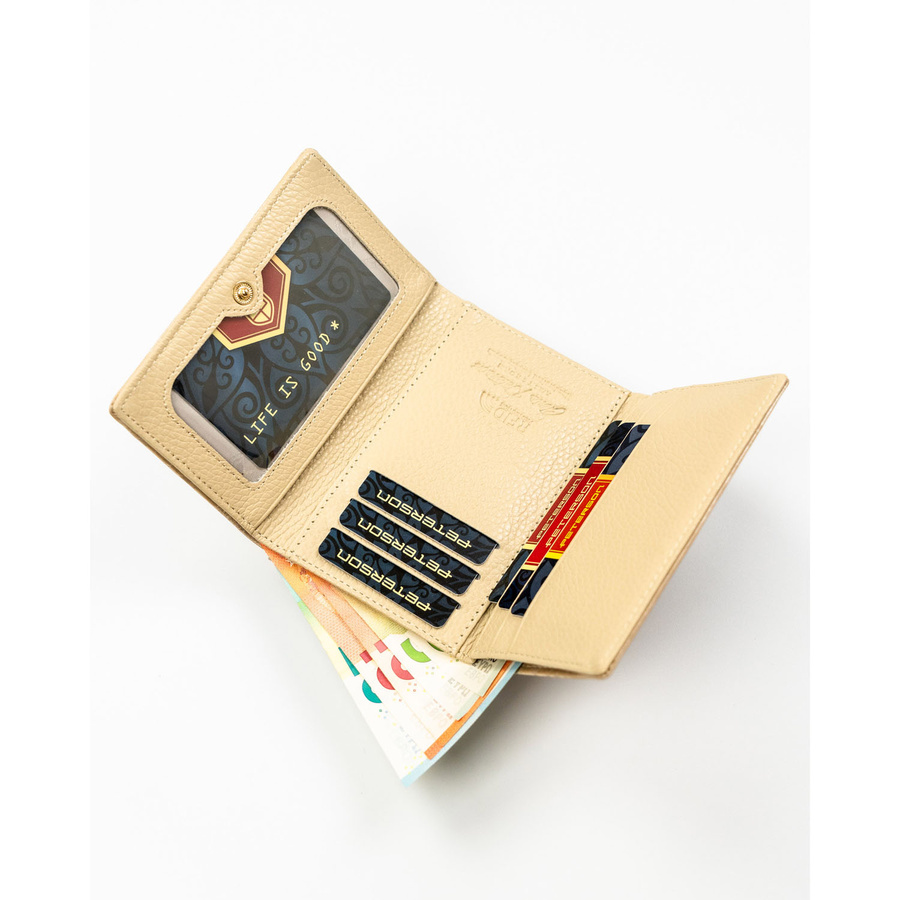 Beżowy portfel damski ze skóry naturalnej i ekologicznej pokryty roślinnym wzorem - Peterson