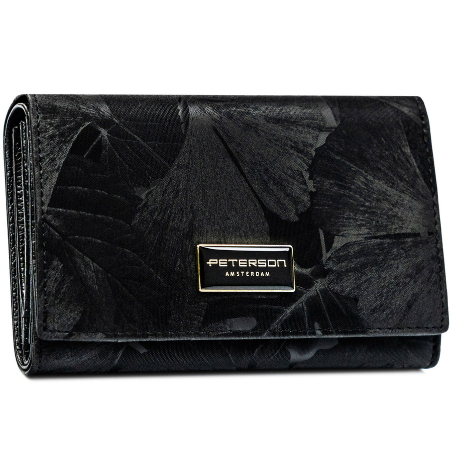 Poziomy, duży portfel damski ze skóry naturalnej i ekologicznej w czarnym kolorze - Peterson