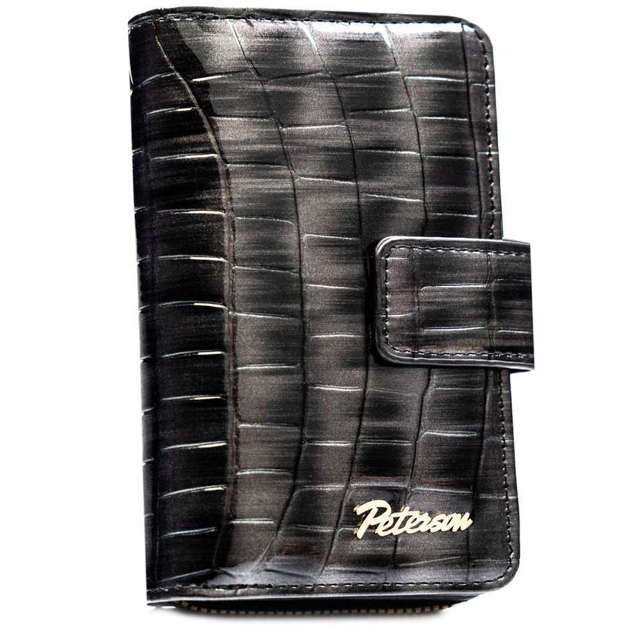 Szary portfel damski ze skóry ekologicznej z tłoczeniem na wzór skóry krokodyla, zamykany na zatrzask i suwak - Peterson