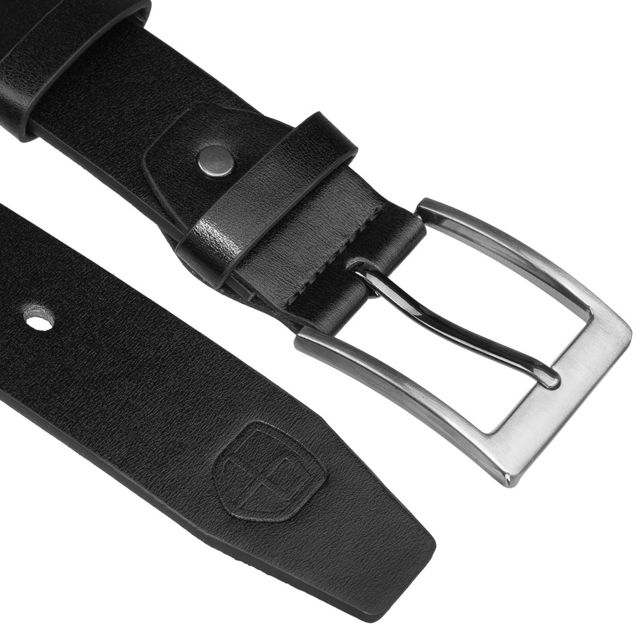 Pasek męski ze skóry ekologicznej w czarnym kolorze z tradycyjną, srebrną klamrą - Peterson