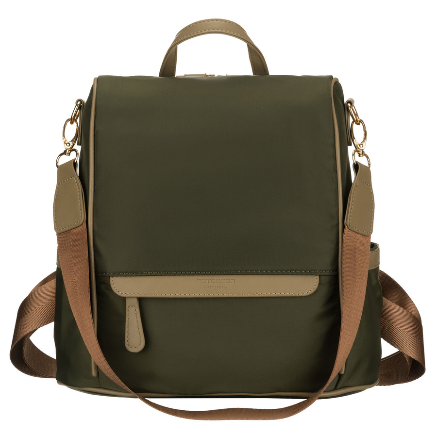 Zielony, miejski plecak damski z nylonu i skóry ekologicznej z doczepianym paskiem - Peterson