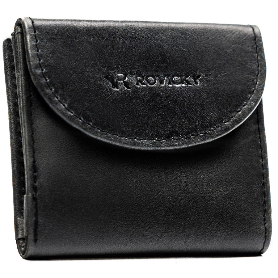 Mały i cienki, skórzany portfel męski w czarnym kolorze zamykany zatrzaskiem - Rovicky