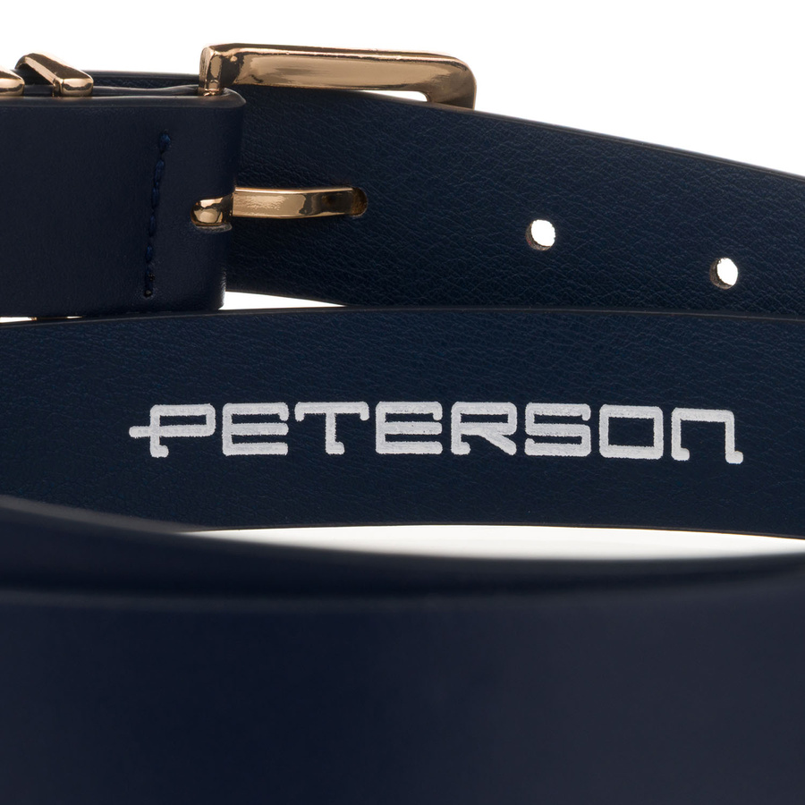 Wąski pasek damski ze skóry ekologicznej w granatowym kolorze ze złotą klamrą - Peterson