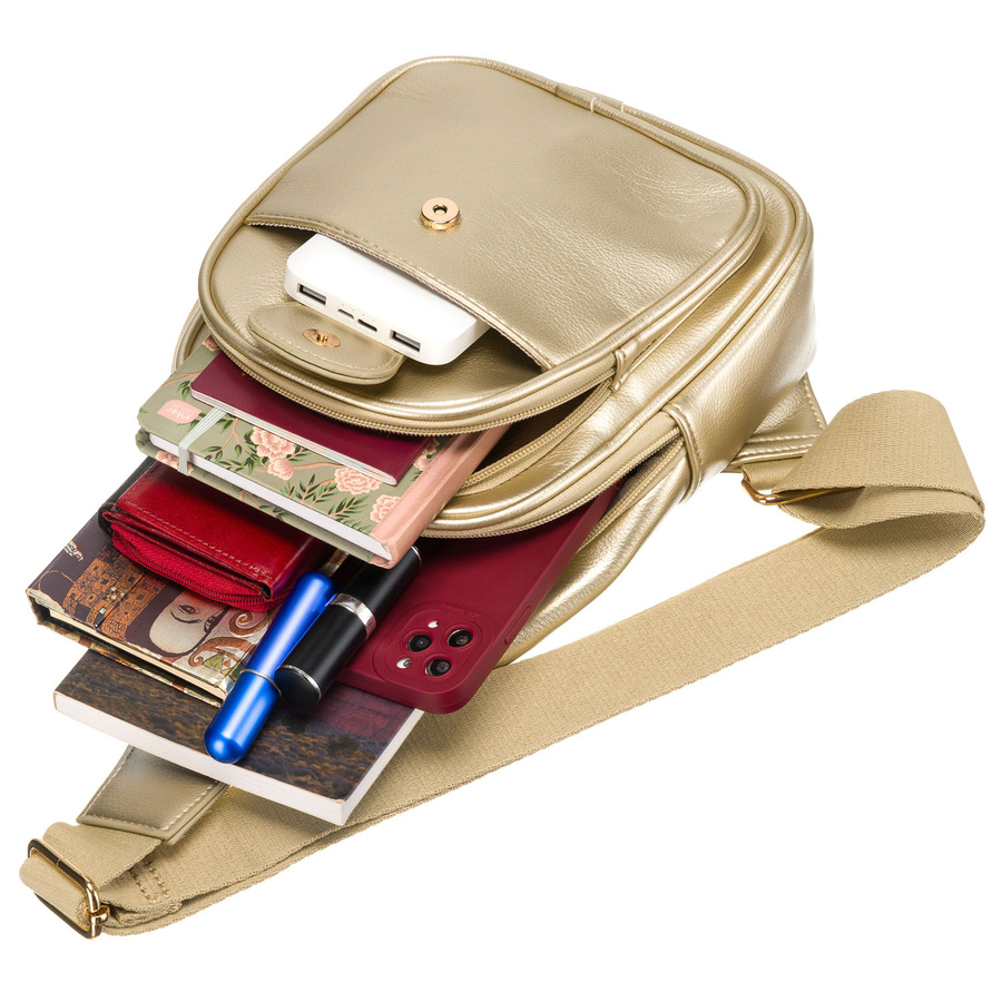 Złota błyszcząca saszetka nerka damska ze skóry ekologicznej plecaczek na jedno ramię Peterson