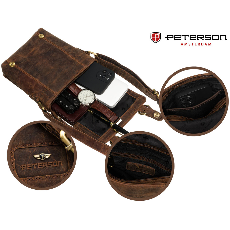Skórzana listonoszka męska w brązowym kolorze zamykana suwakiem i zatrzaskami - Peterson