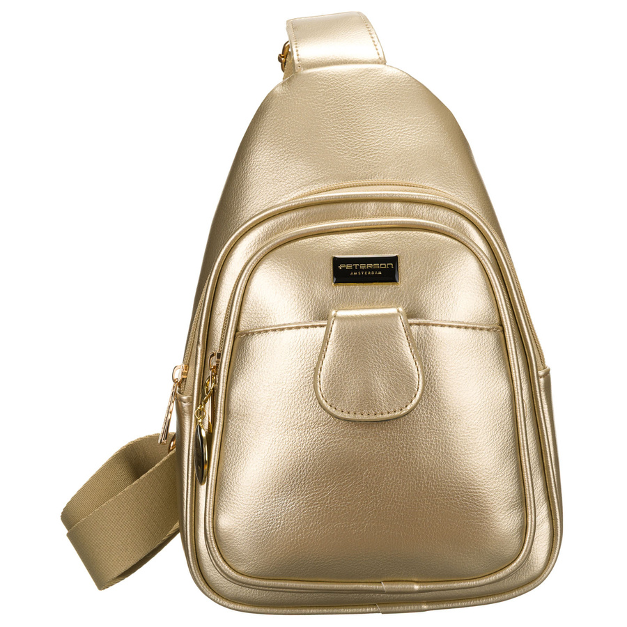 Złota błyszcząca saszetka nerka damska ze skóry ekologicznej plecaczek na jedno ramię Peterson