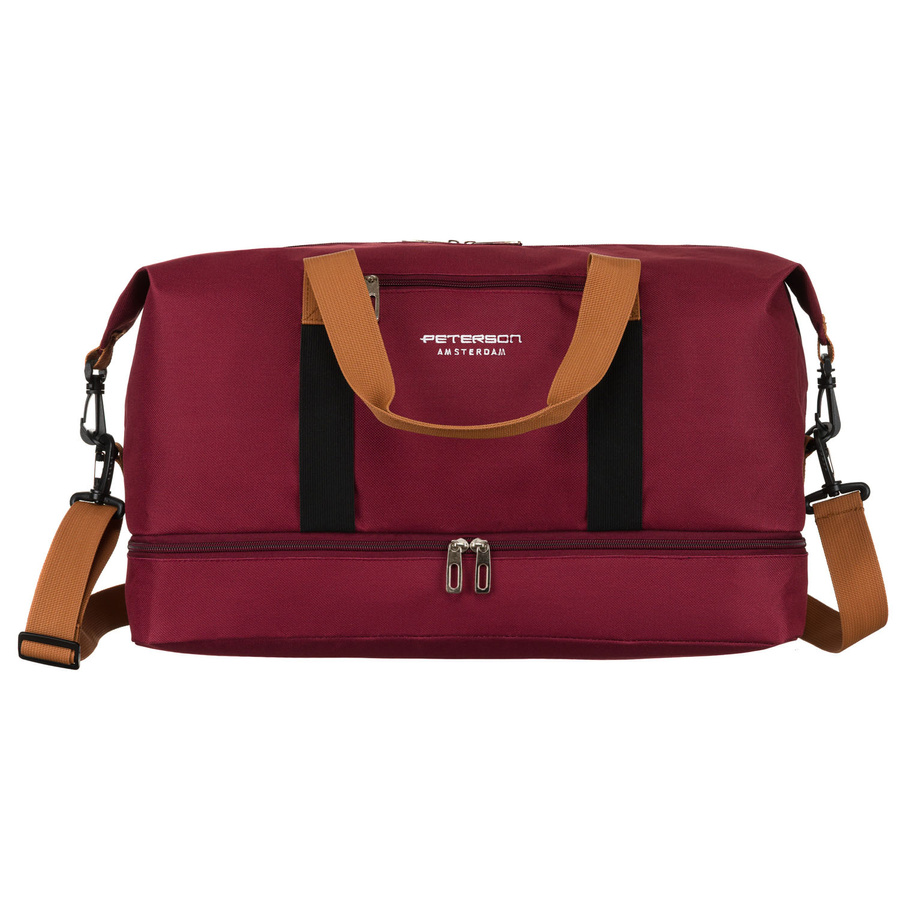 Pojemna torba weekendowa wykonana z poliestru w burgundowym kolorze, zamykana suwakiem - Peterson