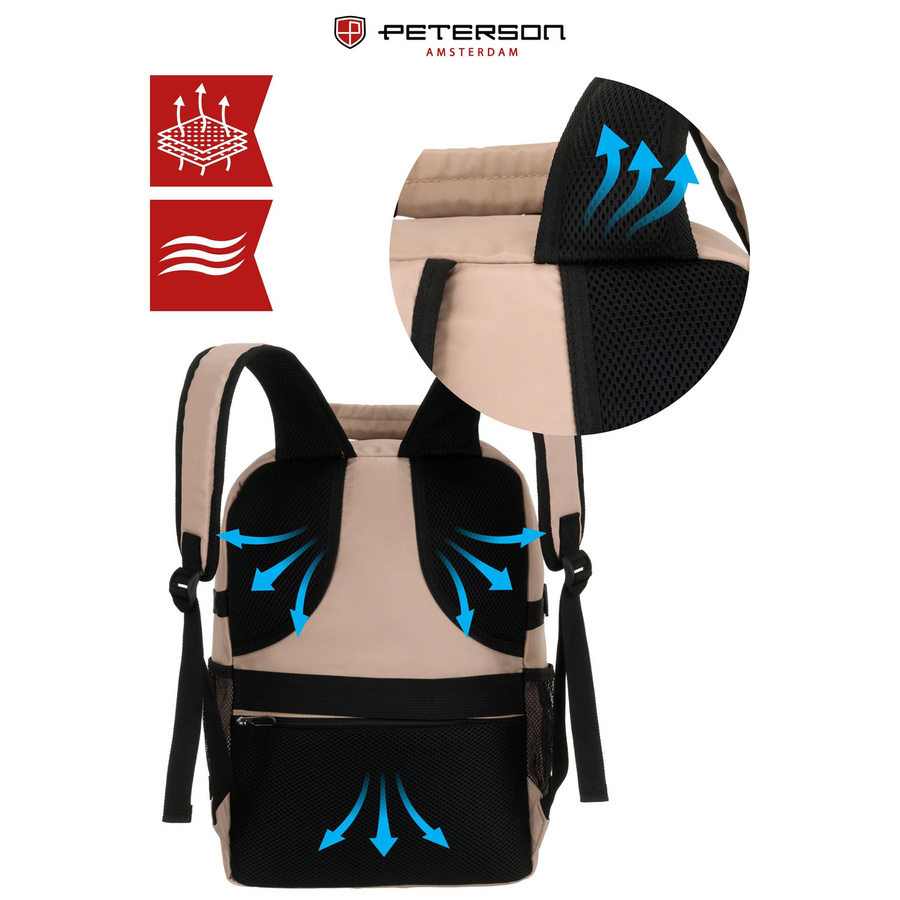 Beżowy plecak podróżny z poliestru zawieszony na regulowanych szelkach - Peterson