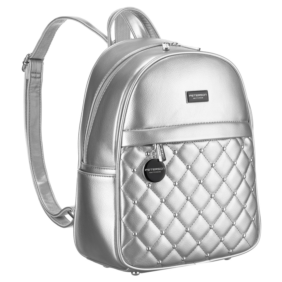 Błyszczący srebrny plecak damski zdobiony pikowaniem i nitami eko skóra Peterson