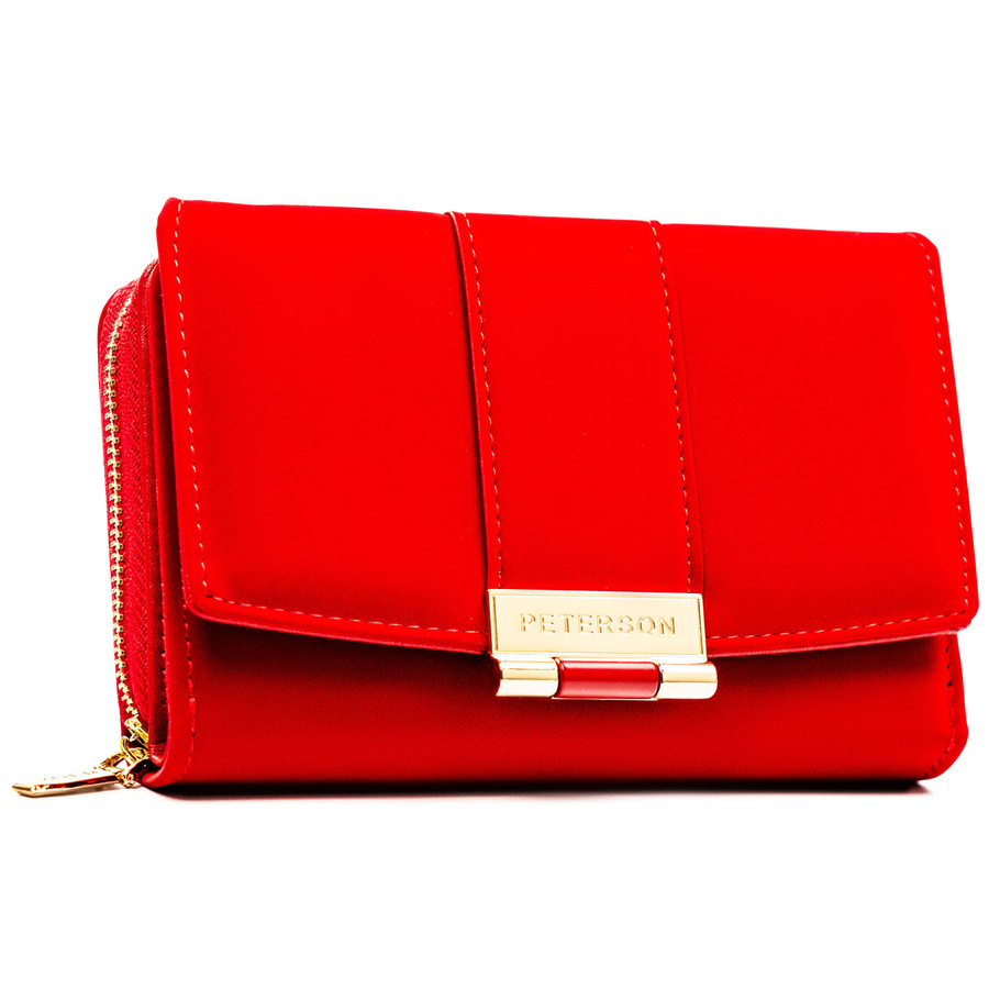 Poziomy portfel damski wykonany ze skóry ekologicznej w czerwonym kolorze, zamykany na zatrzask - Peterson