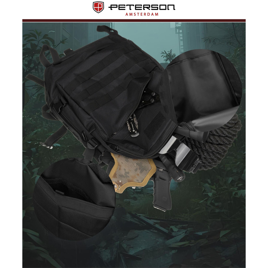 Czarny plecak militarny zawieszony na regulowanych szelkach, trzykomorowy - Peterson