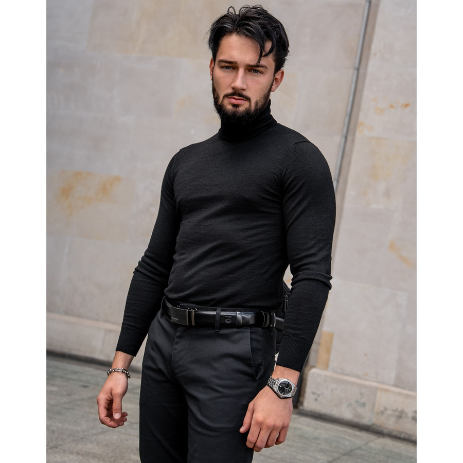 Skórzany, szeroki pasek męski z klamrą automatyczną - Peterson