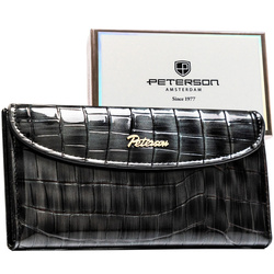 Szary portfel damski ze skóry ekologicznej z tłoczeniem na wzór skóry krokodyla, zamykany na zatrzask magnetyczny - Peterson