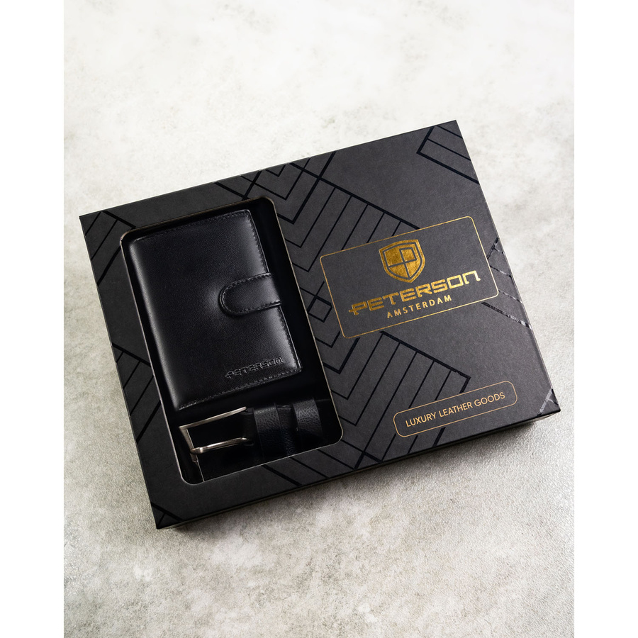 Zestaw prezentowy: skórzany, pionowy portfel męski w czarnym kolorze z systemem RFID i pasek ze skóry ekologicznej - Peterson