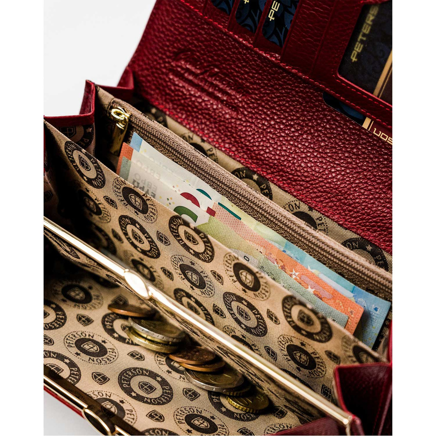 Zestaw prezentowy: duży portfel damski na zatrzask, skórzany brelok i czerwony długopis - Peterson