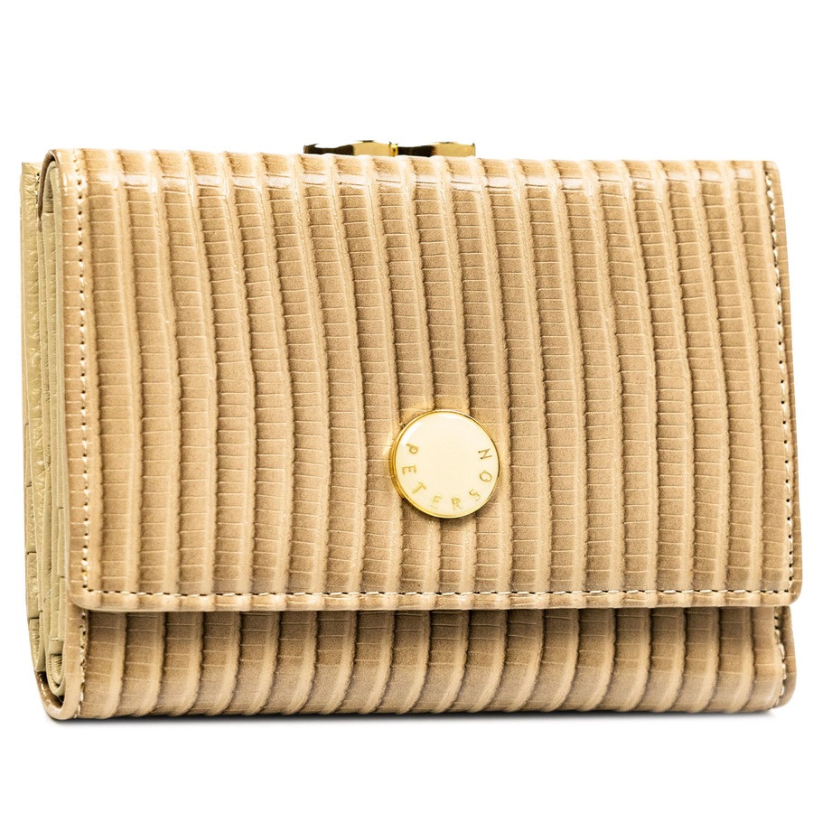 Beżowy, prążkowany portfel damski ze skóry naturalnej i ekologicznej - Peterson