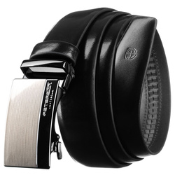 Męski pasek skórzany w czarnym kolorze z automatyczną, srebrną klamrą - Peterson